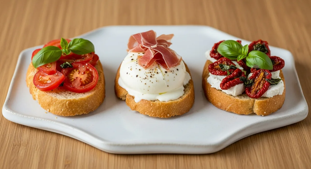 Trois variantes bruschetta classique burrata jambon et chèvre