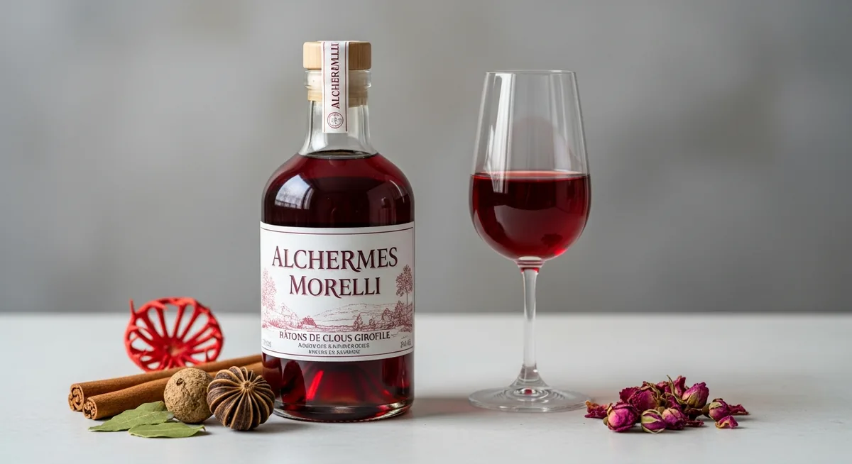 Bouteille et verre d'Alchermes liqueur rouge avec épices