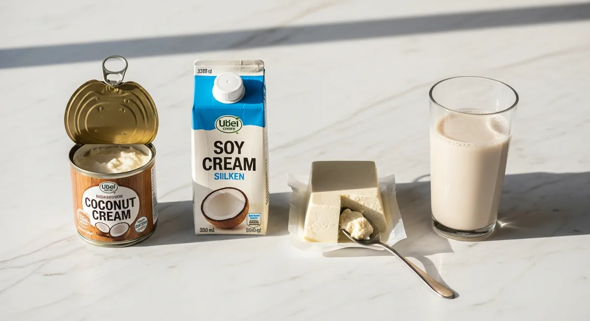 Crème de coco, crème de soja, tofu soyeux et lait d'avoine sur plan de travail