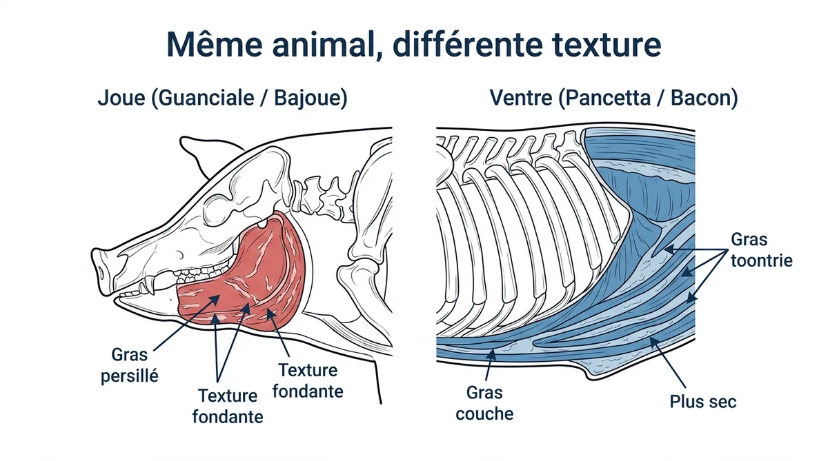 Schéma anatomique joue contre ventre de porc pour guanciale