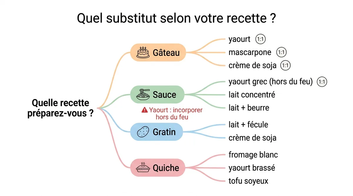 Schéma arbre de décision substitut crème liquide par type de recette