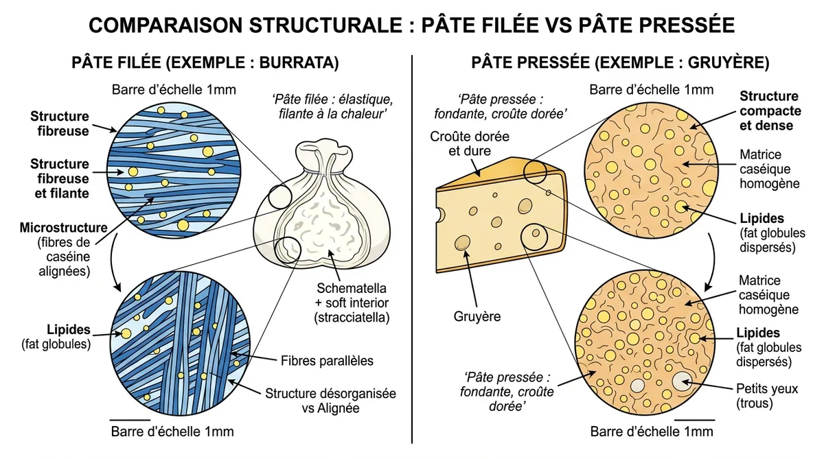 Schéma différence pâte filée et pâte pressée fromage