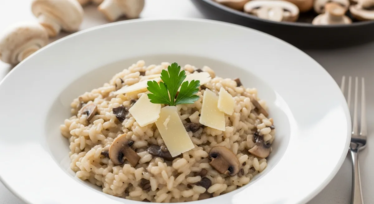 Risotto aux champignons crémeux préparé sans vin blanc