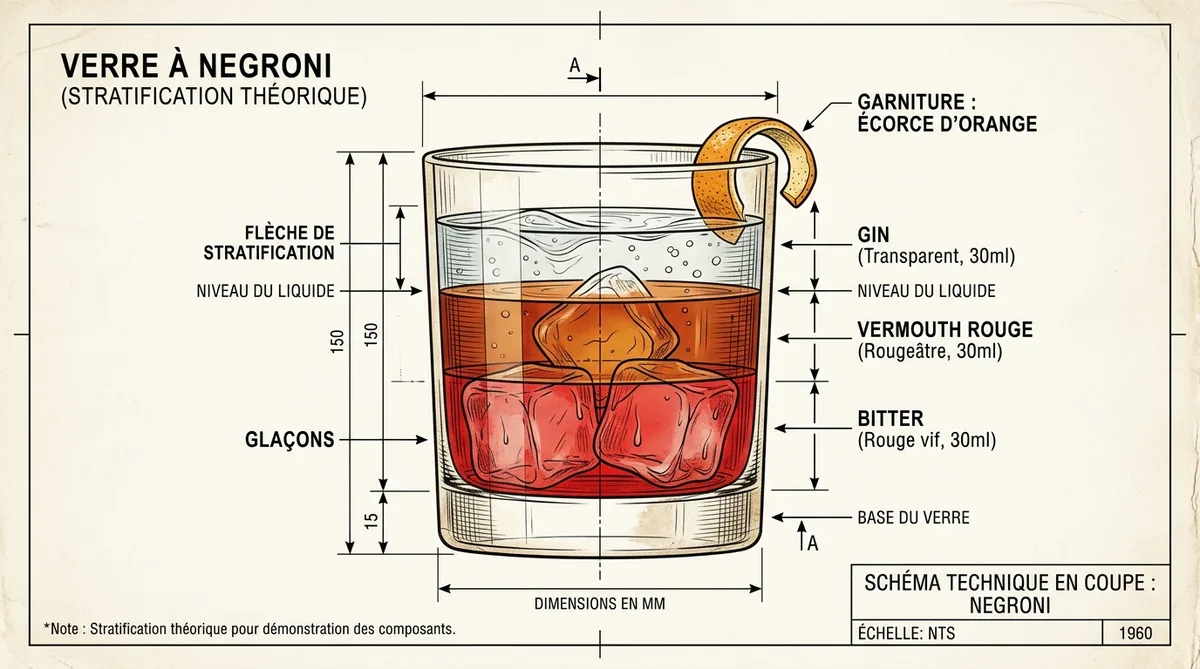 Schéma dosage Negroni 30ml gin 30ml vermouth 30ml bitter