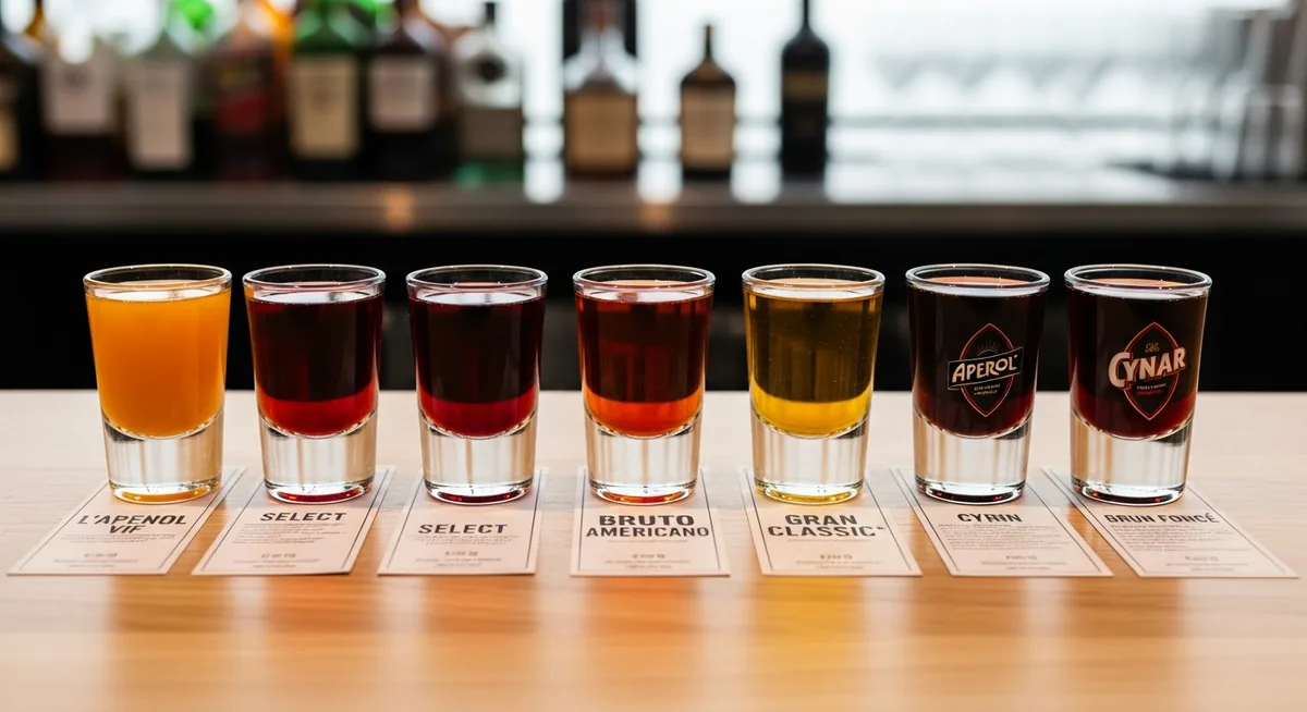Cinq bitters alignés : Aperol, Select, Bruto Americano, Gran Classico, Cynar