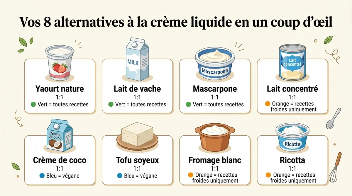 Infographie des 8 substituts à la crème liquide avec proportions et usages
