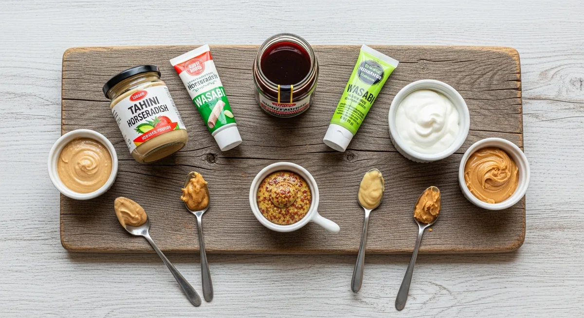 Substituts moutarde alignés sur planche bois avec cuillères de dosage