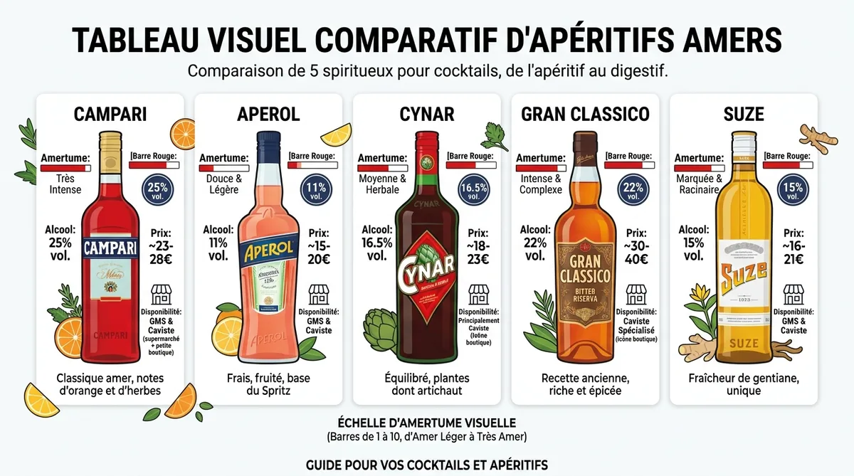 Tableau comparatif alternatives Campari amertume prix disponibilité