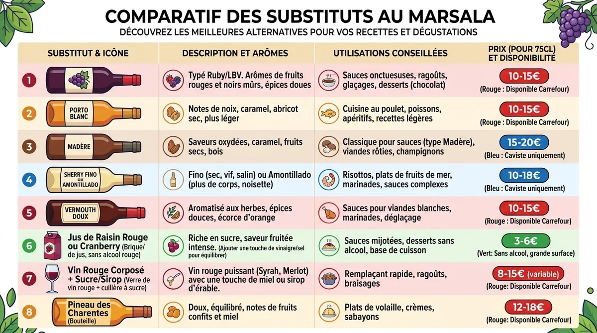 Tableau comparatif prix et disponibilité substituts marsala 2026