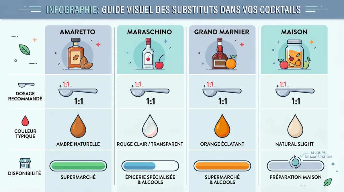 Tableau comparatif visuel des substituts à l'Alchermes avec dosages