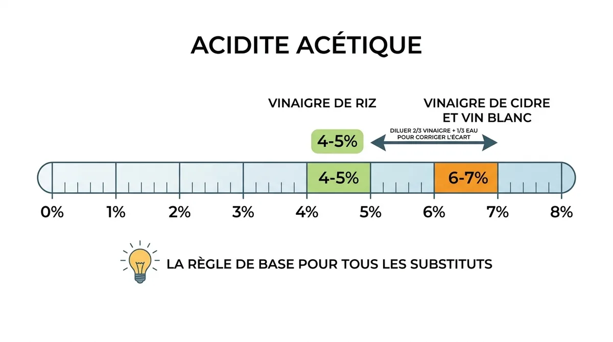 Infographie comparant l'acidité du vinaigre de riz 4-5% et de ses substituts 6-7%