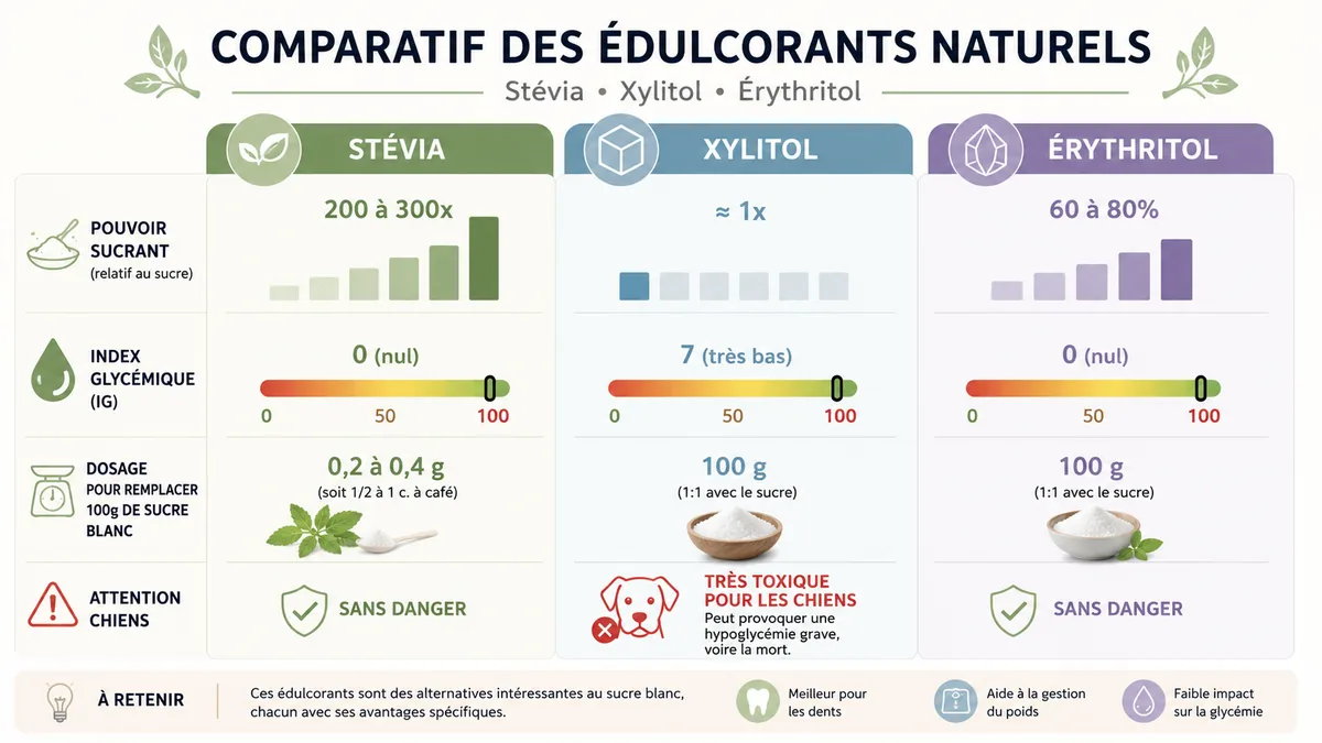 Comparatif infographie stévia xylitol érythritol pouvoir sucrant et index glycémique
