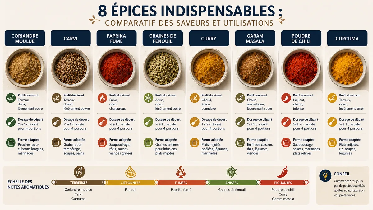 Comparatif visuel des substituts du cumin et de leurs arômes