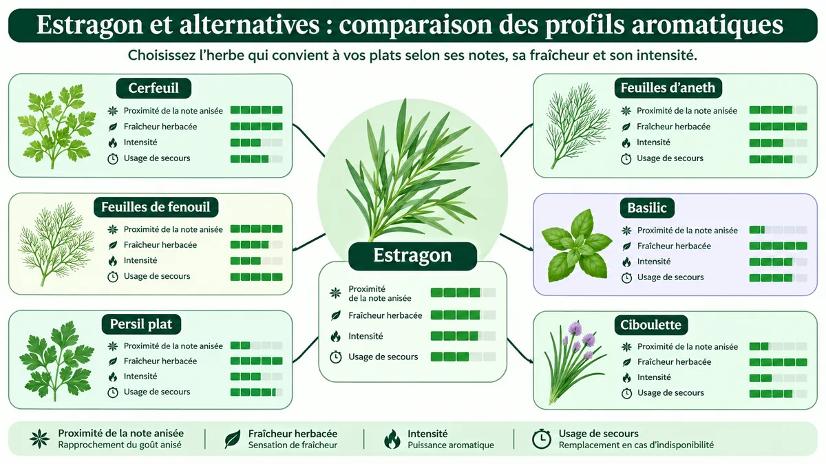 Comparatif visuel des substituts de l'estragon