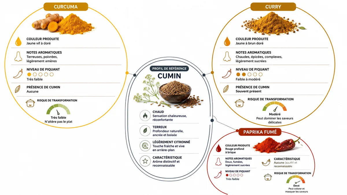 Schéma comparant cumin curcuma curry et paprika fumé