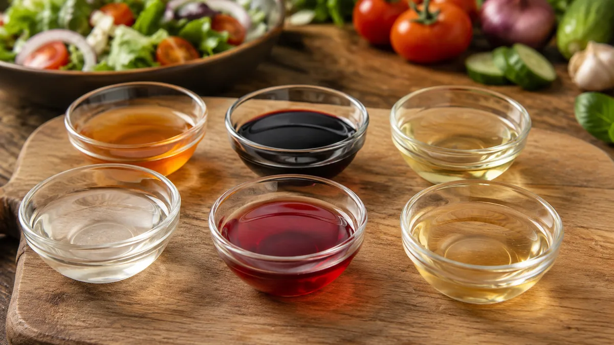 Six vinaigres de cuisine comparés sur une planche en bois