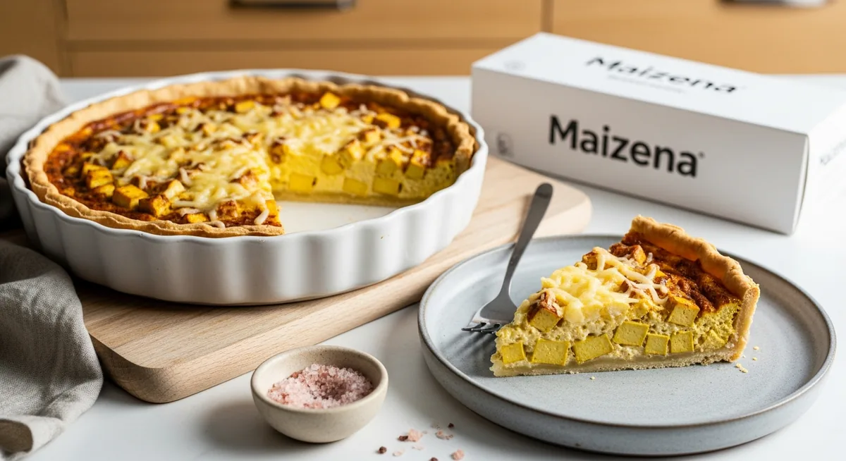 Quiche sans œufs coupée en parts avec appareil ferme à la fécule de maïs