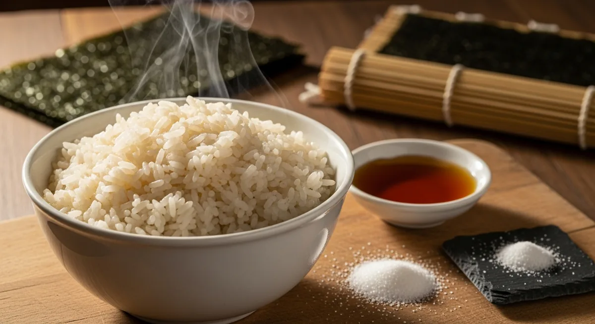 Saladier de riz à sushi assaisonné avec vinaigre de cidre sucre et sel en substitution