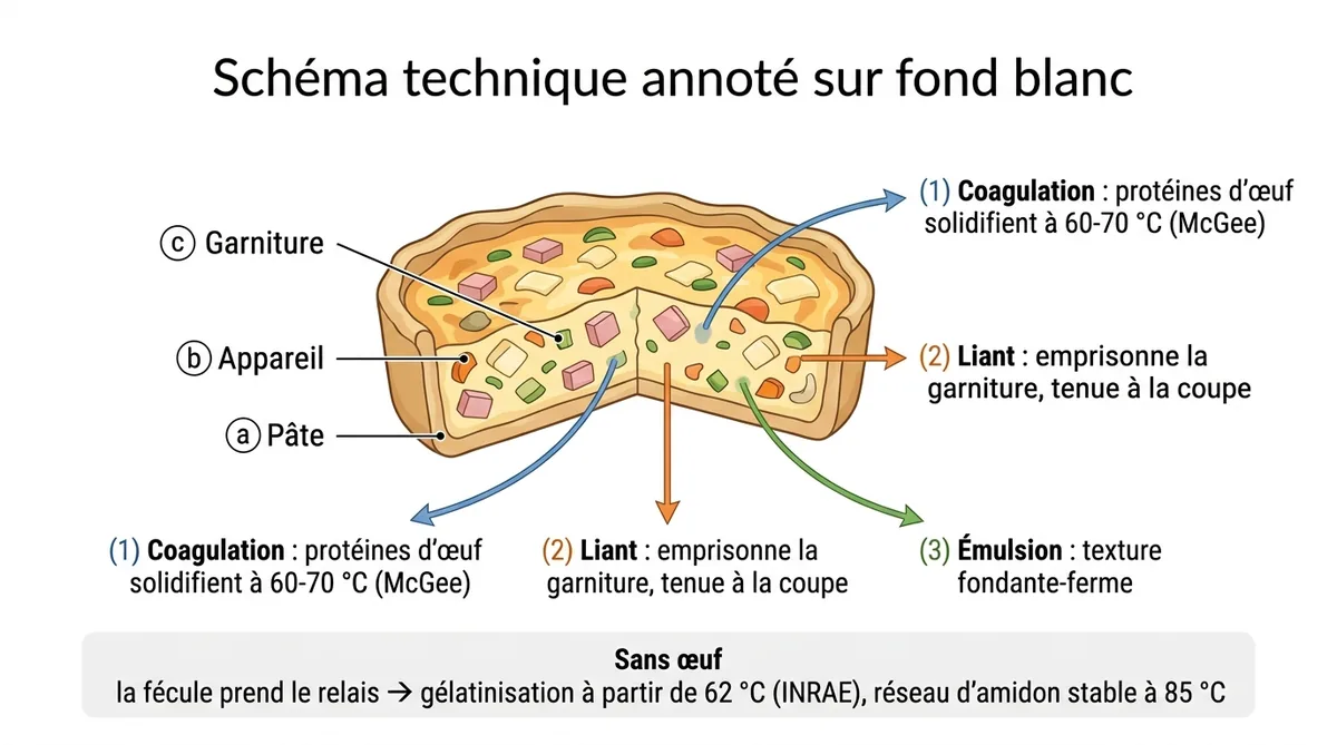 Schéma du rôle des œufs dans l'appareil à quiche : coagulation, liant, émulsion