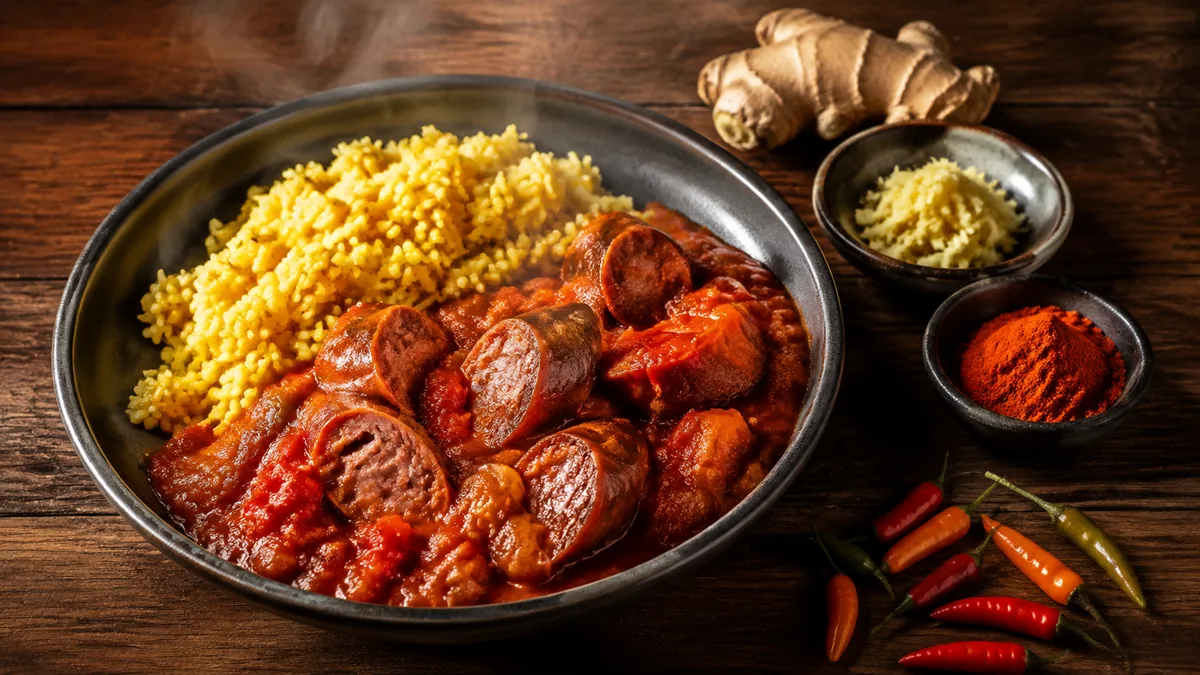 Assiette de rougail saucisse réunionnais et épices de substitution au curcuma