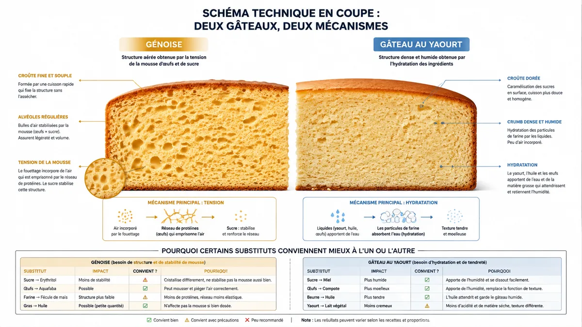 Schéma coupe comparée génoise versus gâteau au yaourt structure interne substitution sucre