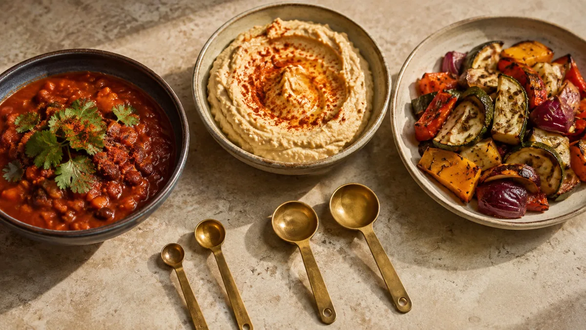 Chili houmous et légumes avec différents substituts du cumin