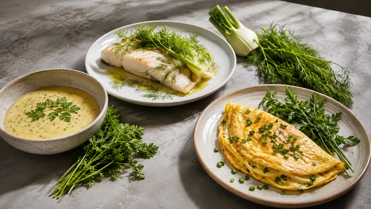 Sauce béarnaise poisson et omelette avec herbes
