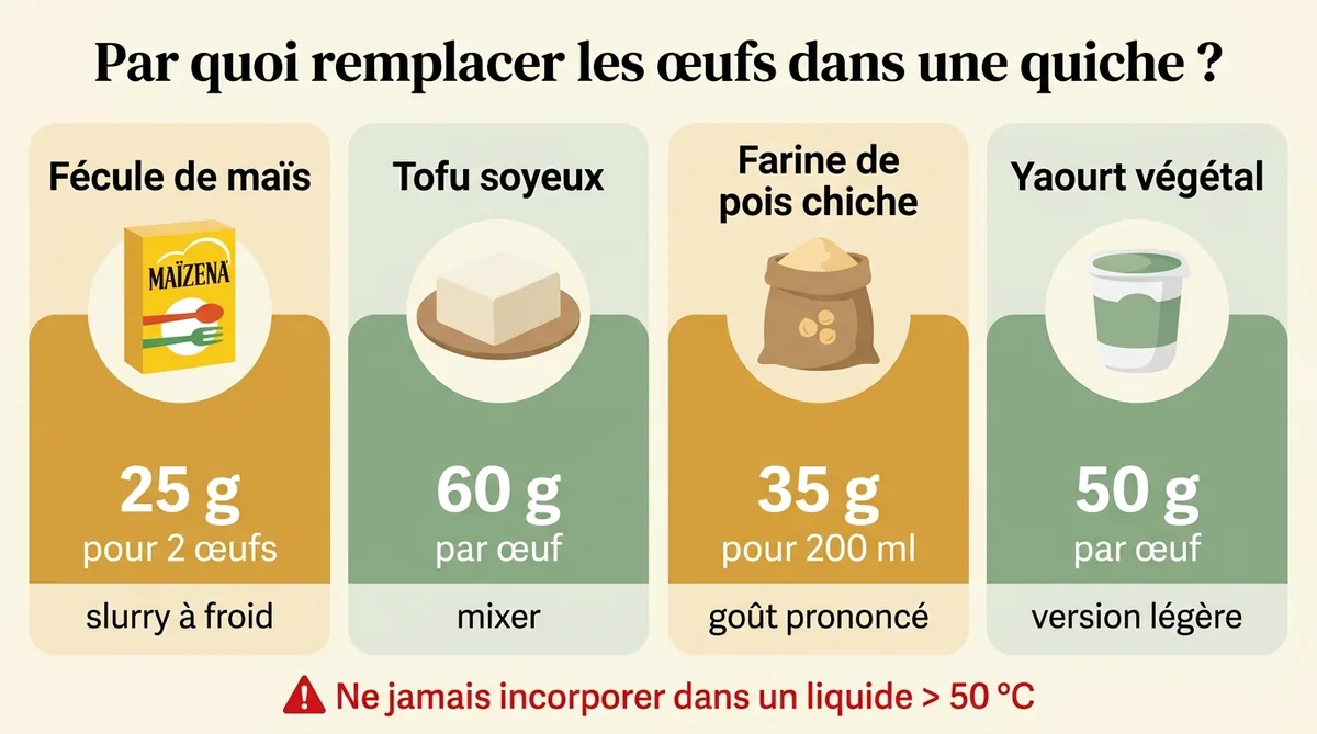 Infographie des 4 substituts aux œufs dans une quiche avec ratios précis