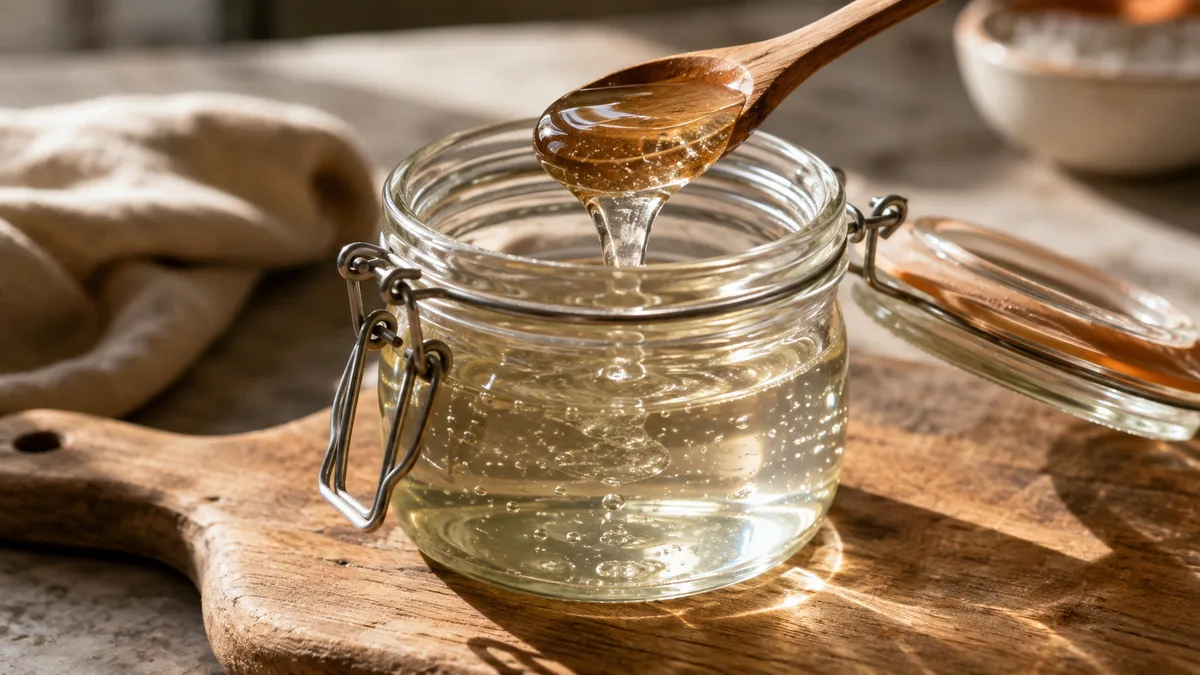 Bocaux comparant sirop de glucose, miel, sirop d'agave et sucre+eau