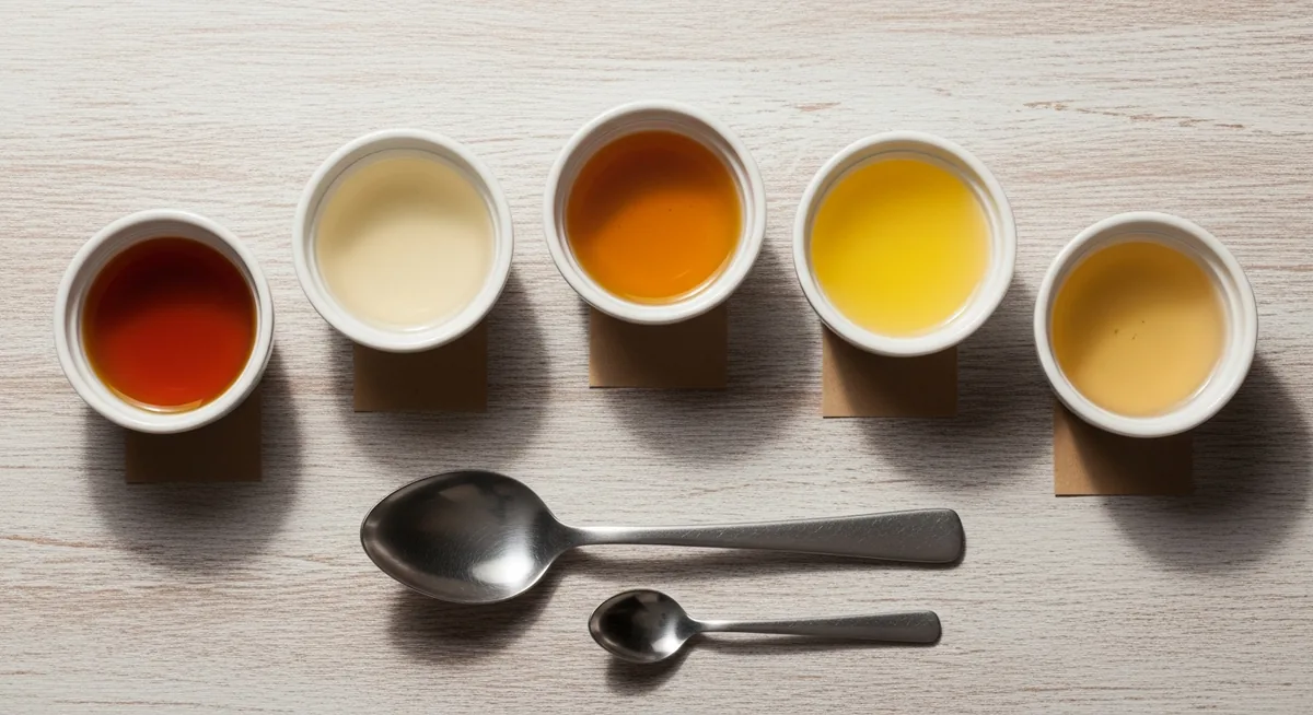 Cinq bols de substituts du vinaigre de riz vus du dessus cidre vin blanc balsamique citron mirin