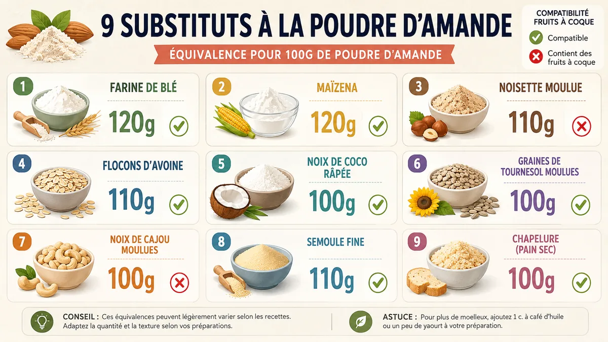 Infographie des équivalences en grammes pour remplacer la poudre d'amande