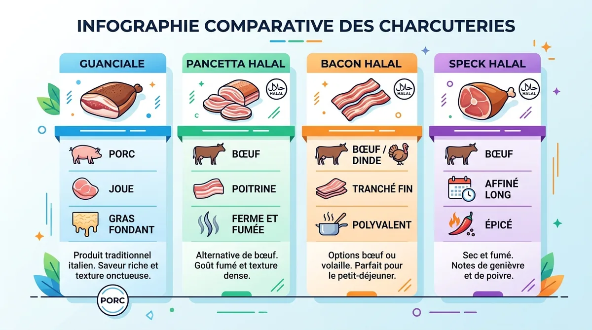 Comparatif visuel guanciale, pancetta halal, bacon halal et speck halal