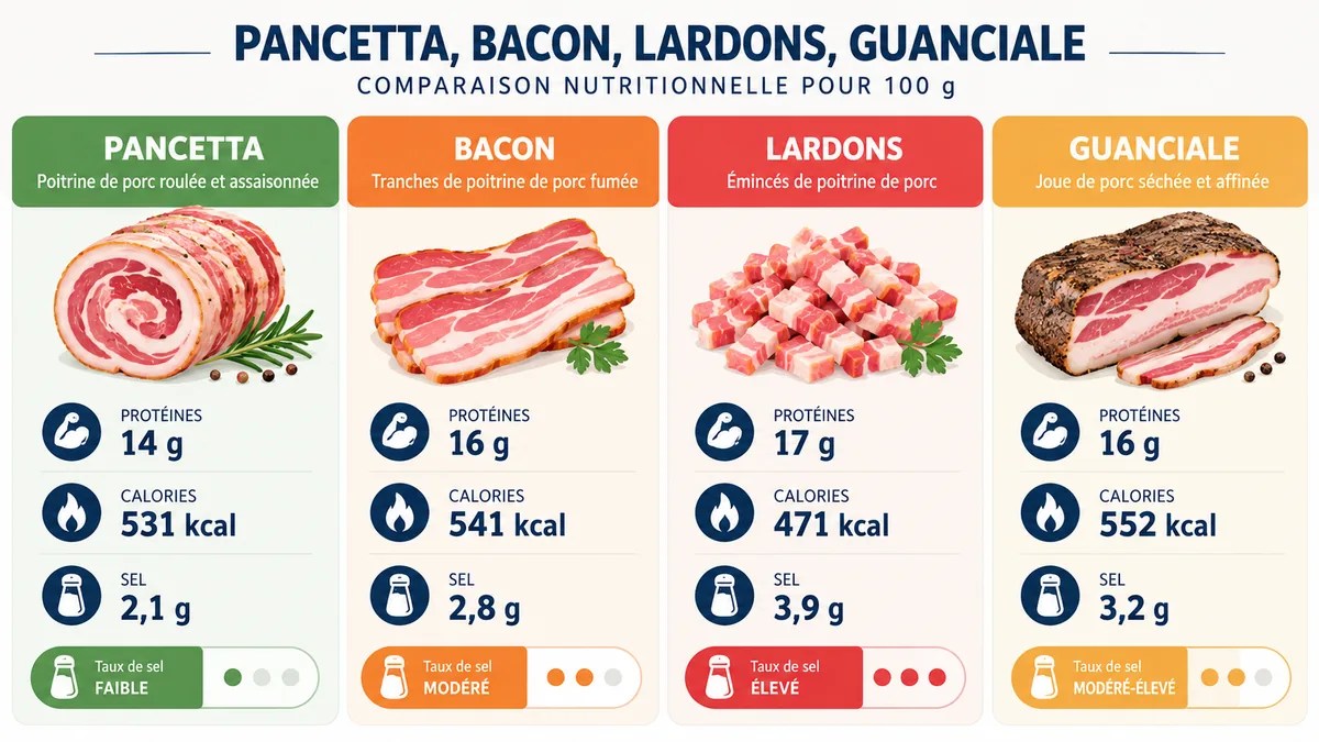 Comparatif infographique protéines calories sel pancetta bacon lardons guanciale