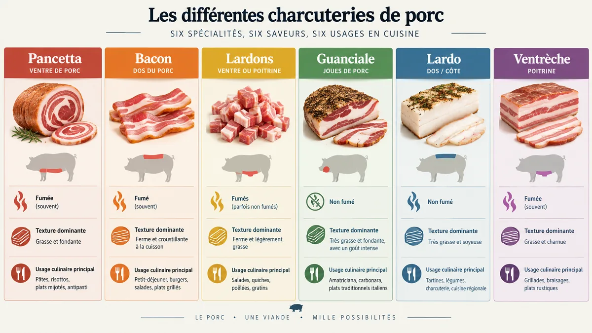 Comparatif visuel pancetta bacon lardons guanciale ventrèche