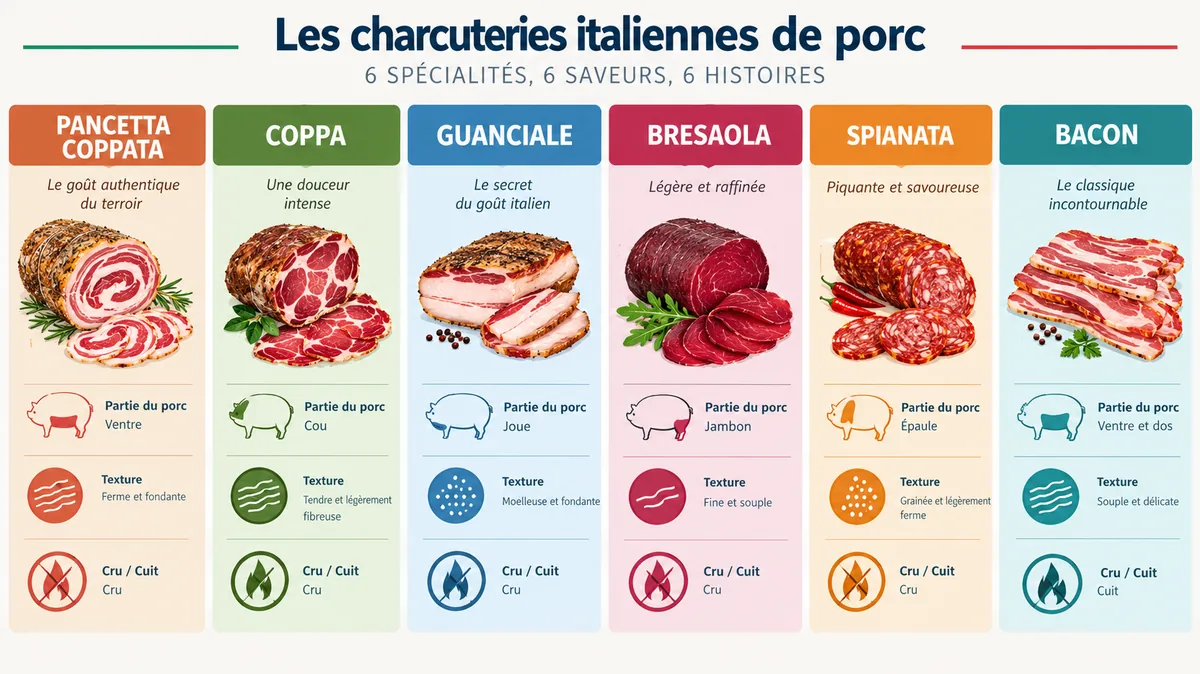 Comparatif visuel pancetta coppata guanciale bresaola coppa bacon