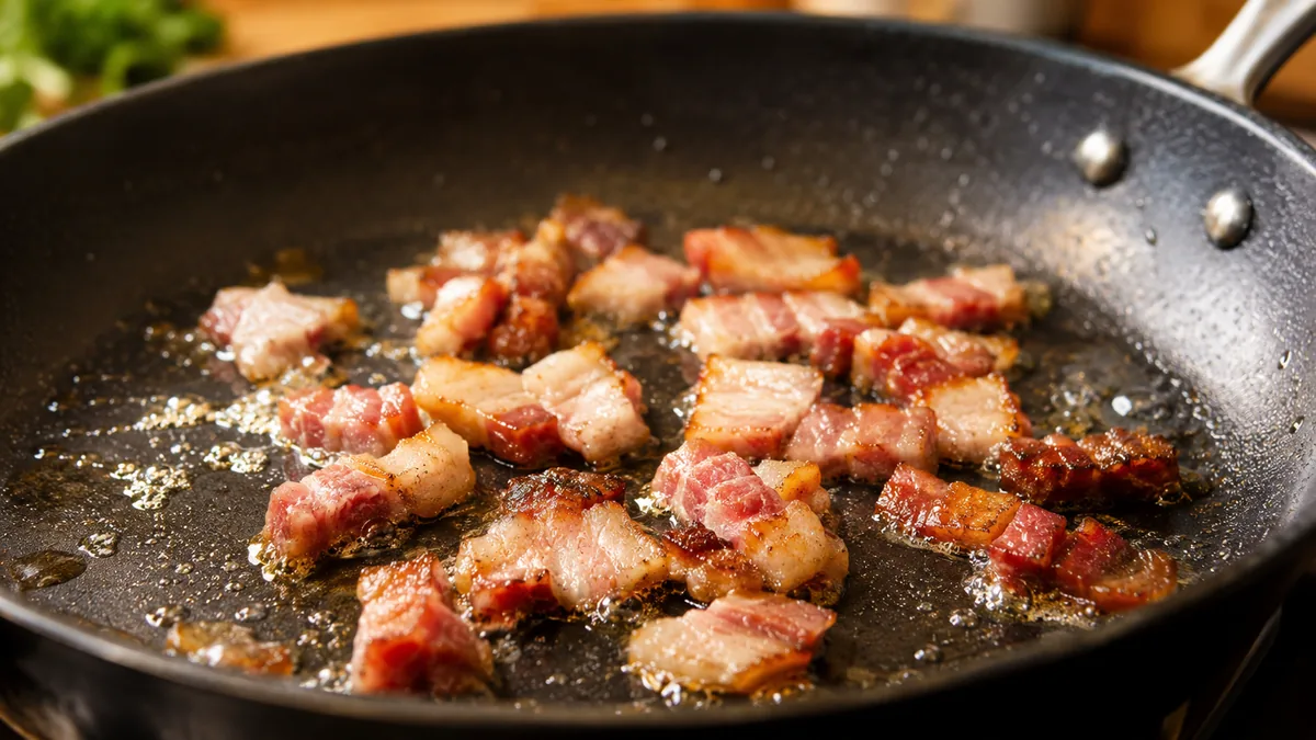 Dés de guanciale fondant doucement à la poêle pour carbonara