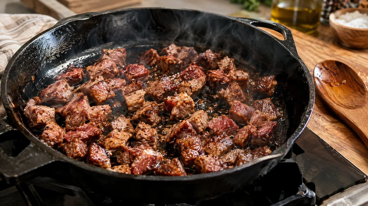 Dés de pancetta halal de bœuf rissolant dans une poêle en fonte