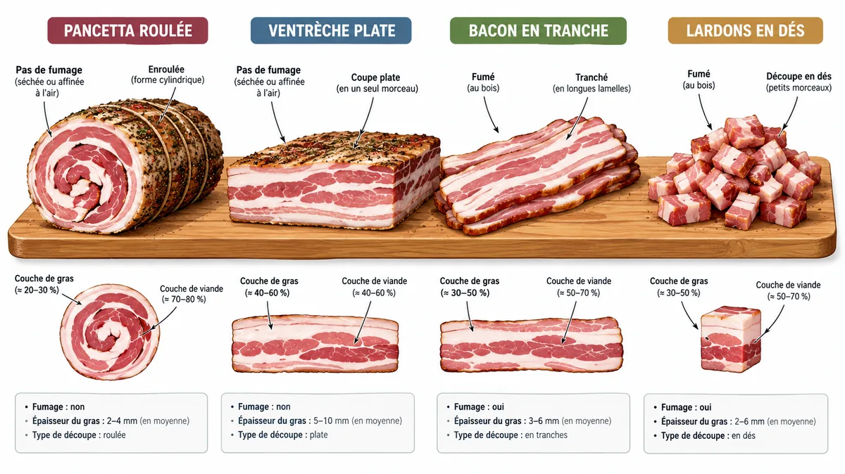 Comparaison visuelle pancetta, ventrèche, bacon et lardons