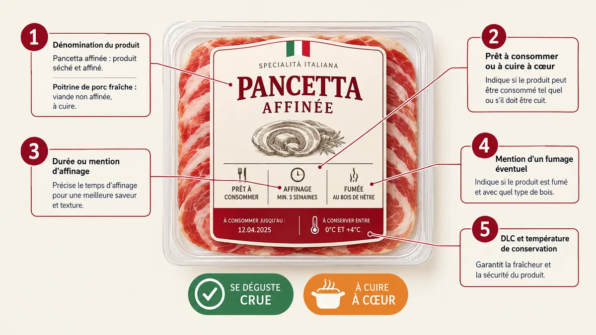 Étiquette de pancetta annotée montrant les mentions prêt à consommer ou à cuire