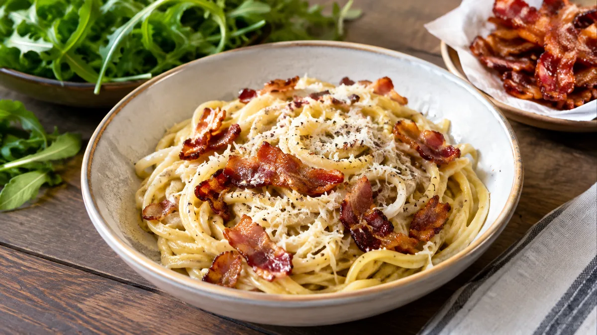 Linguine au parmesan garnies de pancetta croustillante