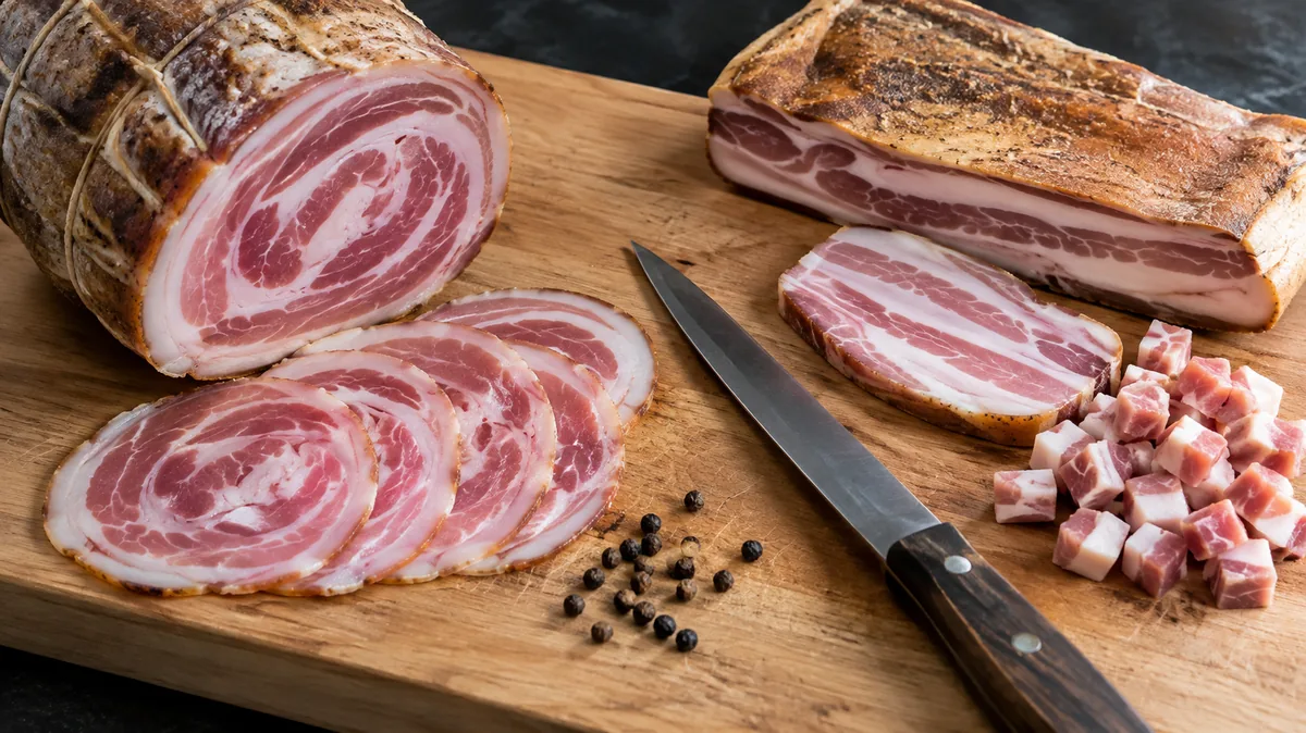 Pancetta arrotolata roulée en tranches fines et pancetta stesa plate en dés