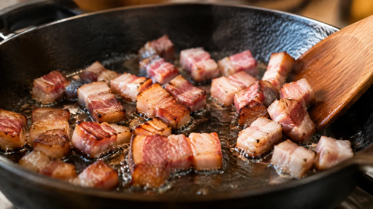 Dés de pancetta dorés qui rendent leur gras dans une poêle en fonte sèche
