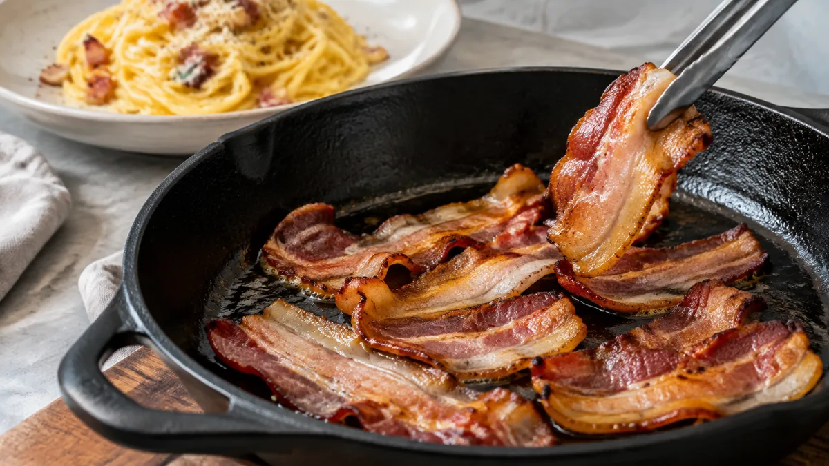 Tranches de pancetta dorées dans une poêle en fonte