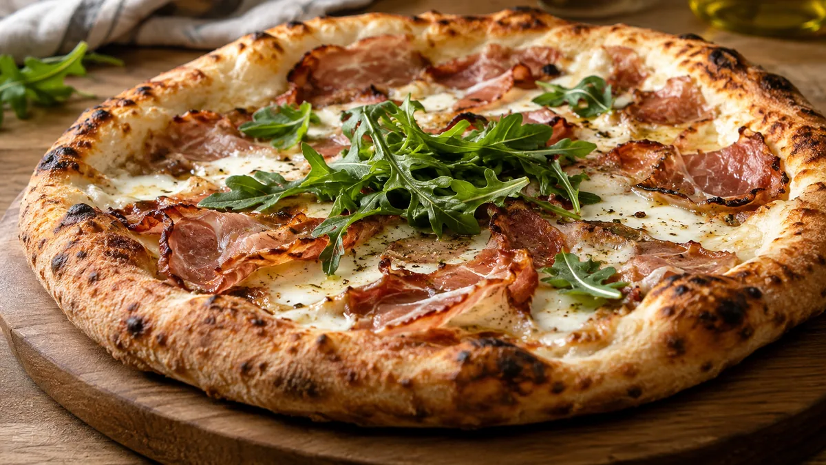 Pizza à la pancetta, mozzarella fondue et roquette