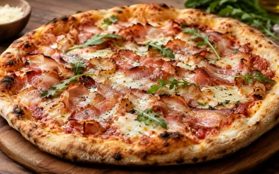 Pancetta pizza : la recette mozzarella, roquette et champignons