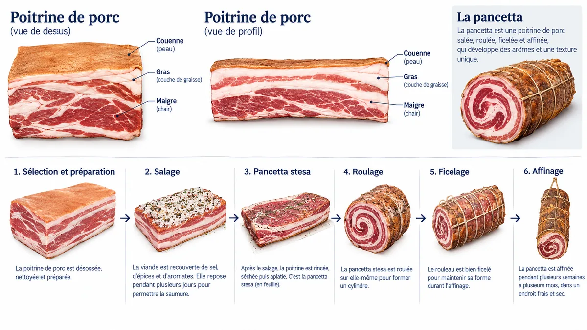 Schéma annoté de poitrine de porc et pancetta roulée