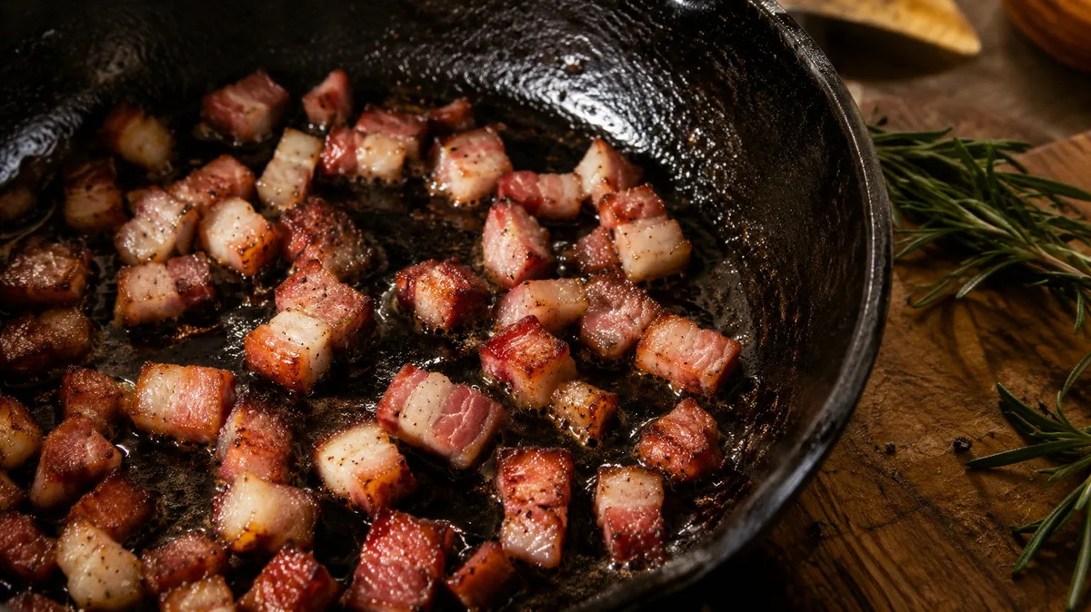 Dés de pancetta dorés et croustillants cuits à la poêle sans matière grasse