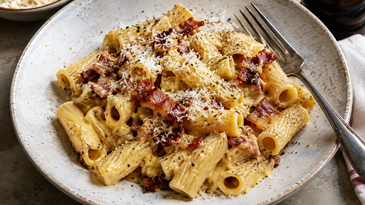Assiette de pâtes carbonara à la pancetta avec poivre noir concassé