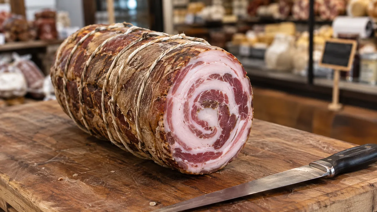 Pièce entière de pancetta coppata ficelée chez le charcutier