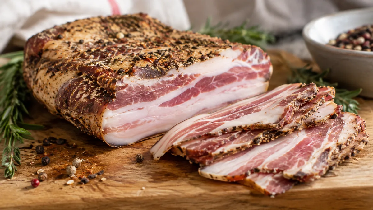 Schéma des 4 étapes de préparation de la pancetta maison, du salage au séchage